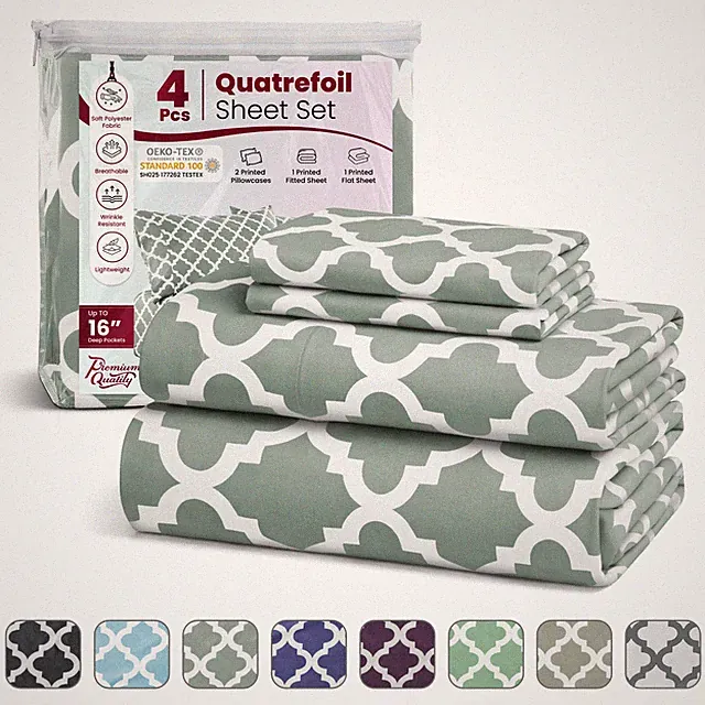 Bed Sheet Set 4 Piece Printed Deep Pocket Luxury Brushed Microfiber Sheets