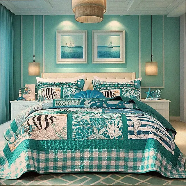 Coastal King Size Quilt Set 3PC Reversible Lightweight Ocean Patchwork Bedspread